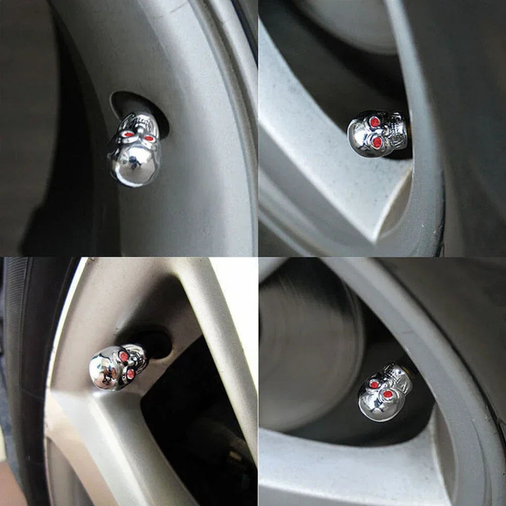 ABS Skull Valve Stem Caps by BikerZoneZ, chrome skulls with red eyes, set of four on Tampa Home & Garden Store