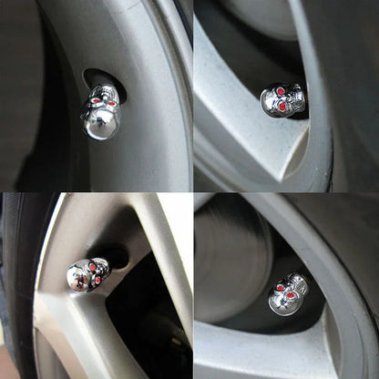 ABS Skull Valve Stem Caps by BikerZoneZ, chrome skulls with red eyes, set of four on Tampa Home & Garden Store