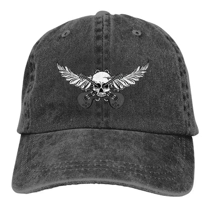 BikerZoneZ charcoal baseball cap with skull wings and crossed guitars graphic on front on Tampa Home & Garden Store
