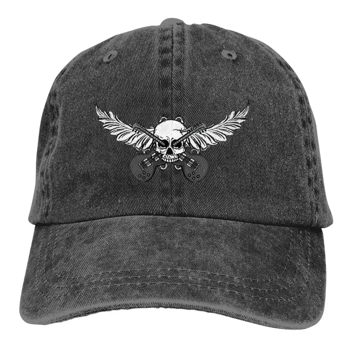 Baseball cap Guitar Rock Multicolor Skull Wing graphic on washed black denim by BikerZoneZ on Tampa Home & Garden Store