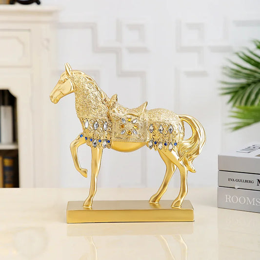 Golden horse statue decor by Perfecsy, resin horse with jeweled saddle and gems on base on Tampa Home & Garden Store