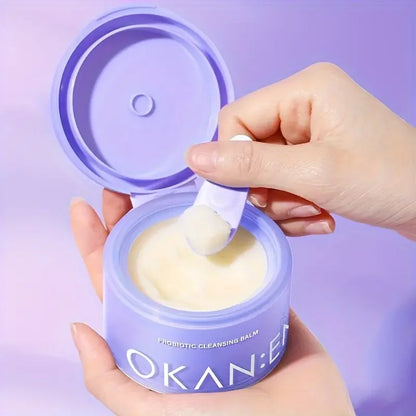 Moisturizing cleansing balm in a pastel purple jar with probiotic formula and white balm scoop on Tampa Home & Garden Store