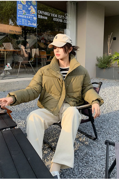 Women Winter Cropped Puffer Jacket olive-green tan sleeves cotton-padded coat UpTrend Deals on Tampa Home & Garden Store