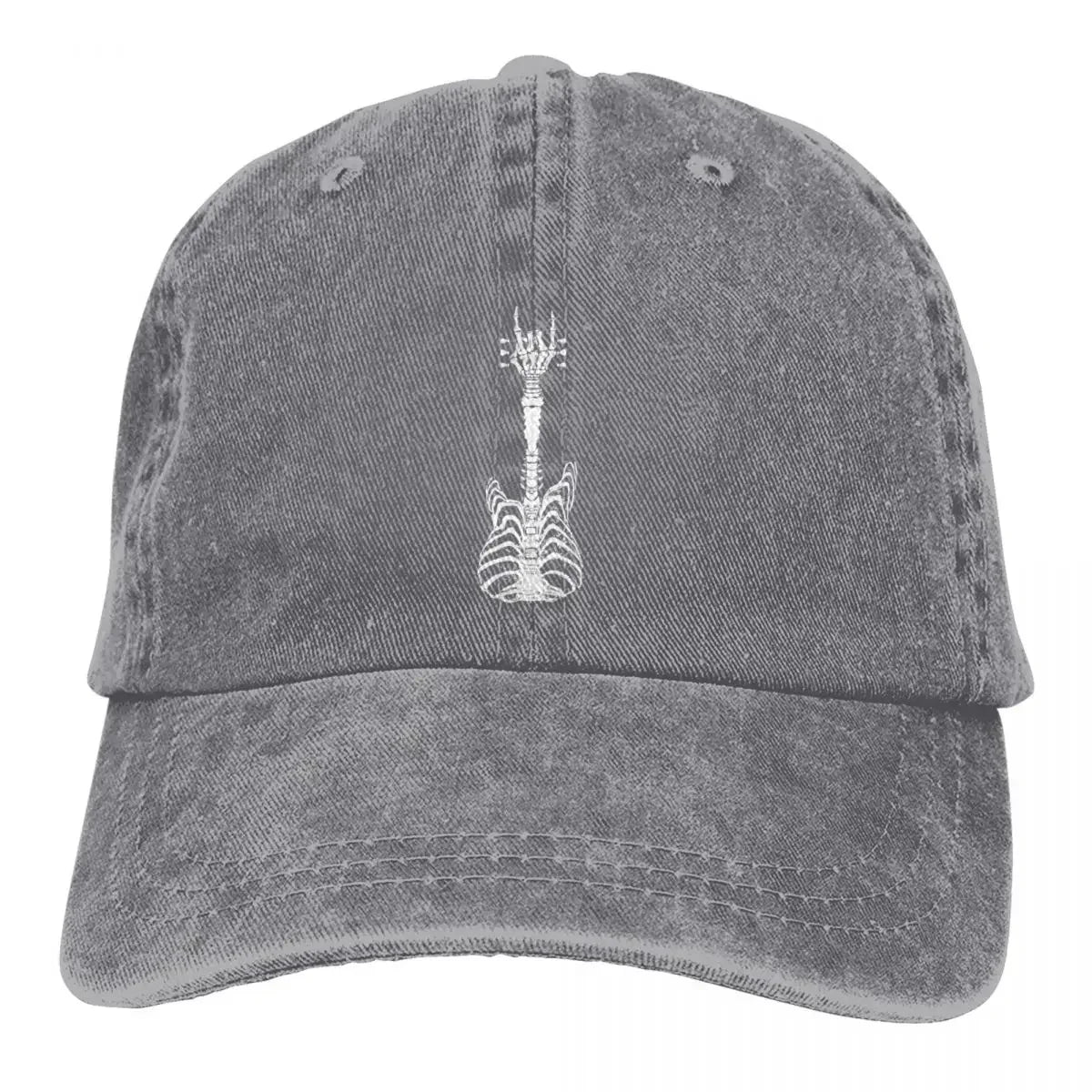 Rock & Roll Skeleton cap in distressed gray denim with white skeleton graphic by BikerZoneZ on Tampa Home & Garden Store