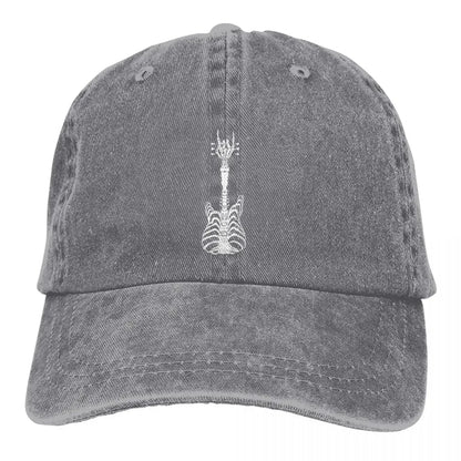 Rock & Roll Skeleton cap in distressed gray denim with white skeleton graphic by BikerZoneZ on Tampa Home & Garden Store