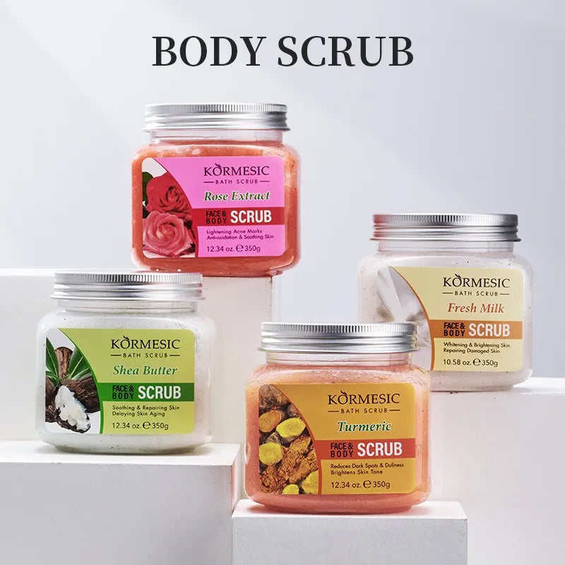 KÖRMESIC Bath Scrub jars set: Rose Extract, Shea Butter, Fresh Milk, Turmeric with silver lids on Tampa Home & Garden Store