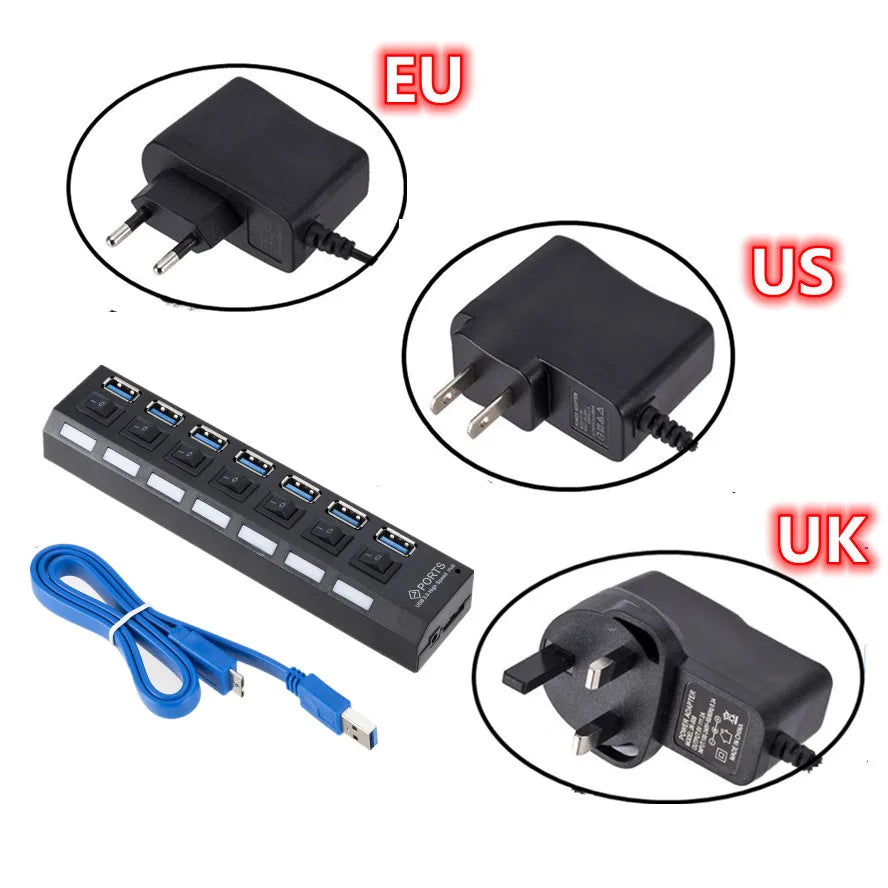 7-Port USB 3.0 hub with power adapter, black body and blue USB cable; UpTrend Deals on Tampa Home & Garden Store