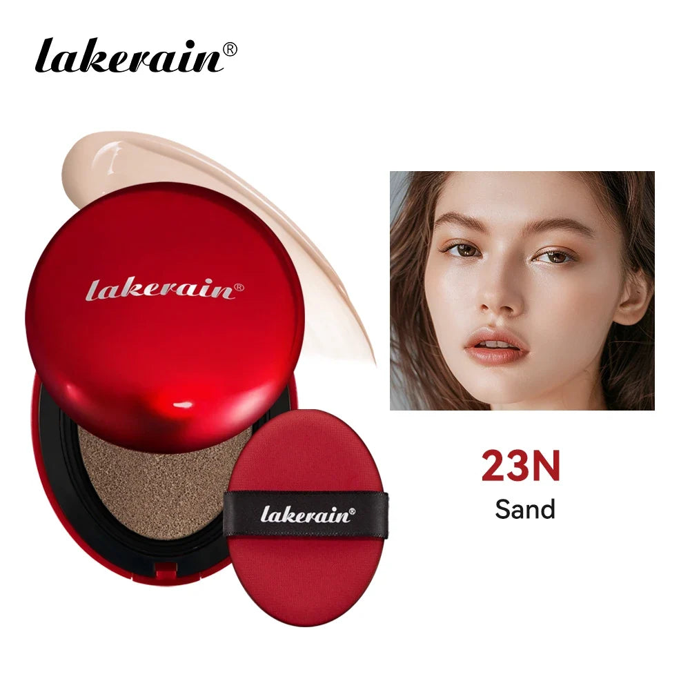 Lakerain cushion foundation compact in red case with beige swatch, puff, shade 23N Sand on Tampa Home & Garden Store