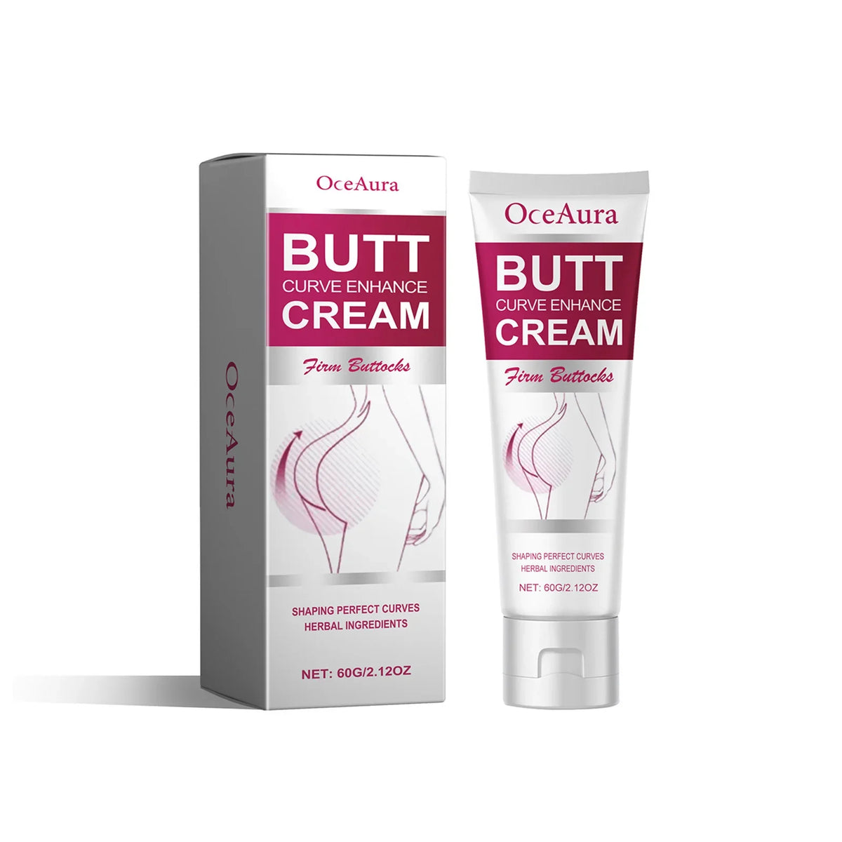 OceAura Butt Cream tube and matching box with pink label, 60g, curve enhance firm buttocks on Tampa Home & Garden Store