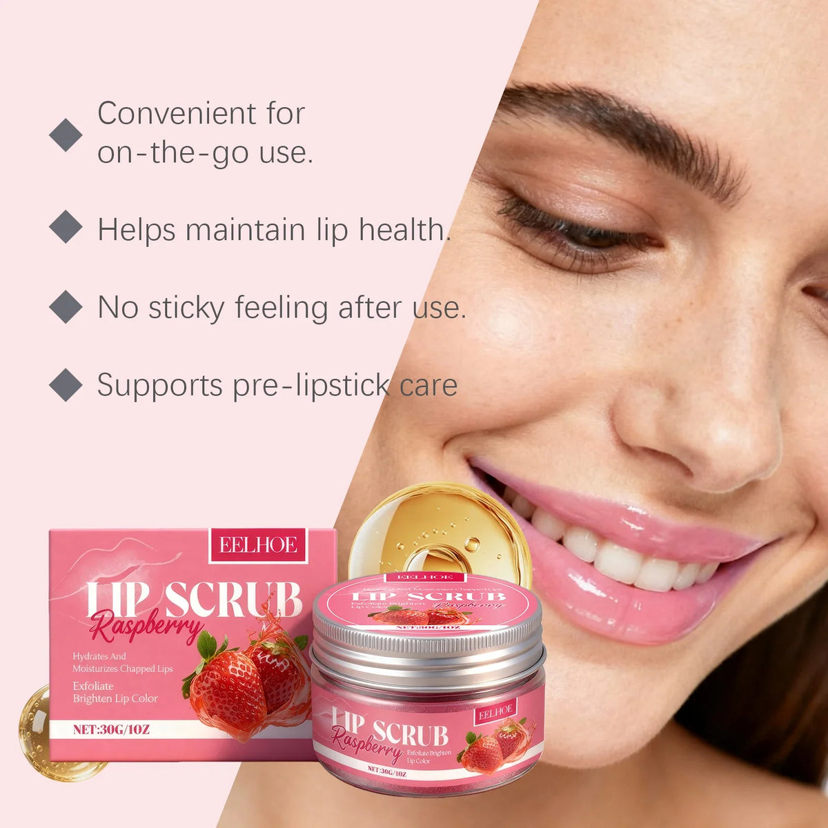 Strawberry Lip Scrub by Silcy Skin raspberry jar, lips smiling, pink background on Tampa Home & Garden Store