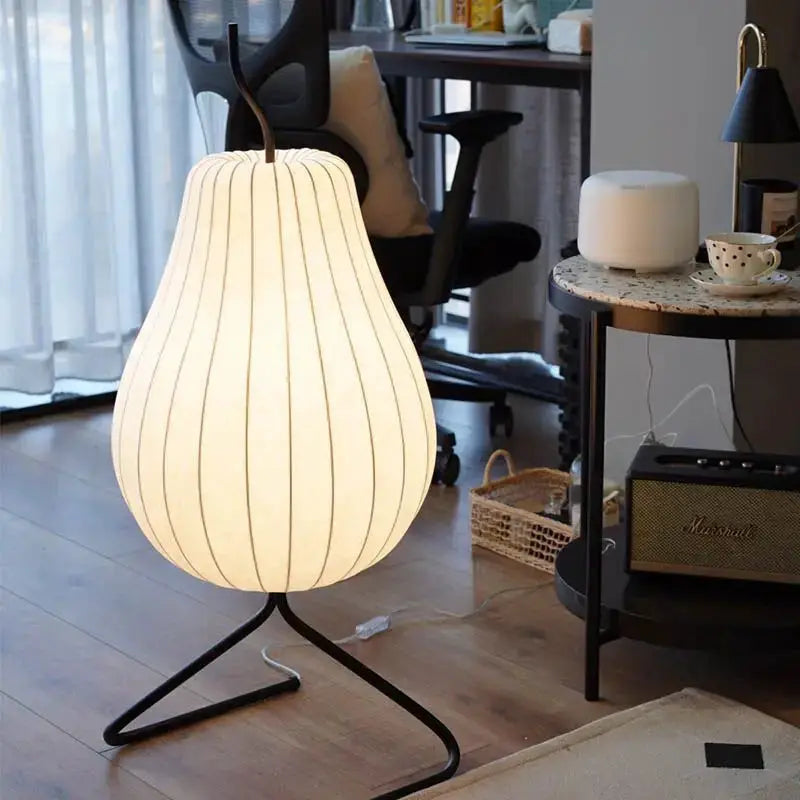 DecorBites Japanese Silk Floor Lamp white fabric shade, LED, wabi-sabi design, tripod base on Tampa Home & Garden Store