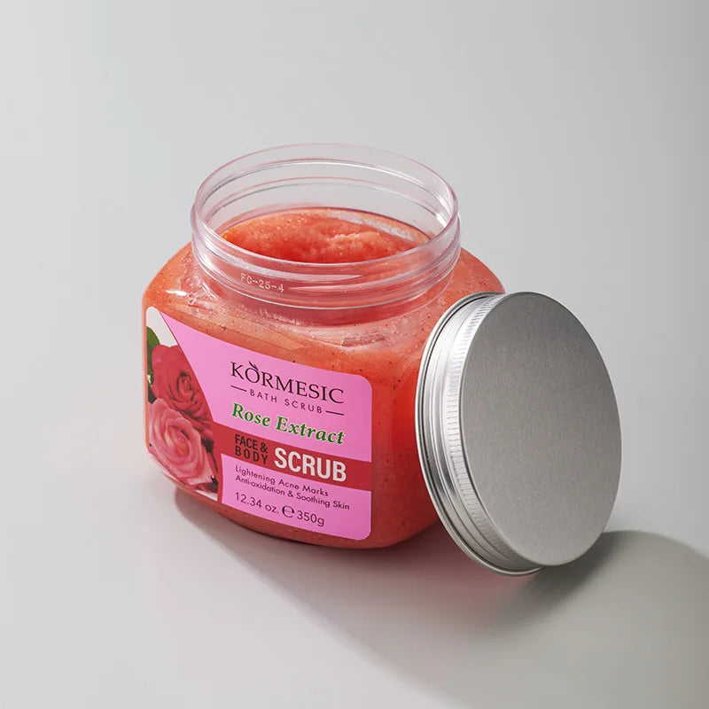 KORMESIC Rose Extract face & body scrub in pink jar with silver lid on Tampa Home & Garden Store
