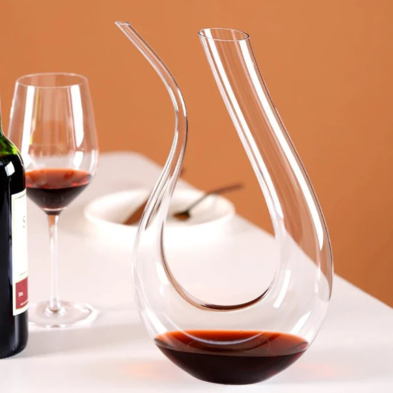Crystal decanter with curved neck, 1500ml, red wine at base, with wine bottle and glass on Tampa Home & Garden Store