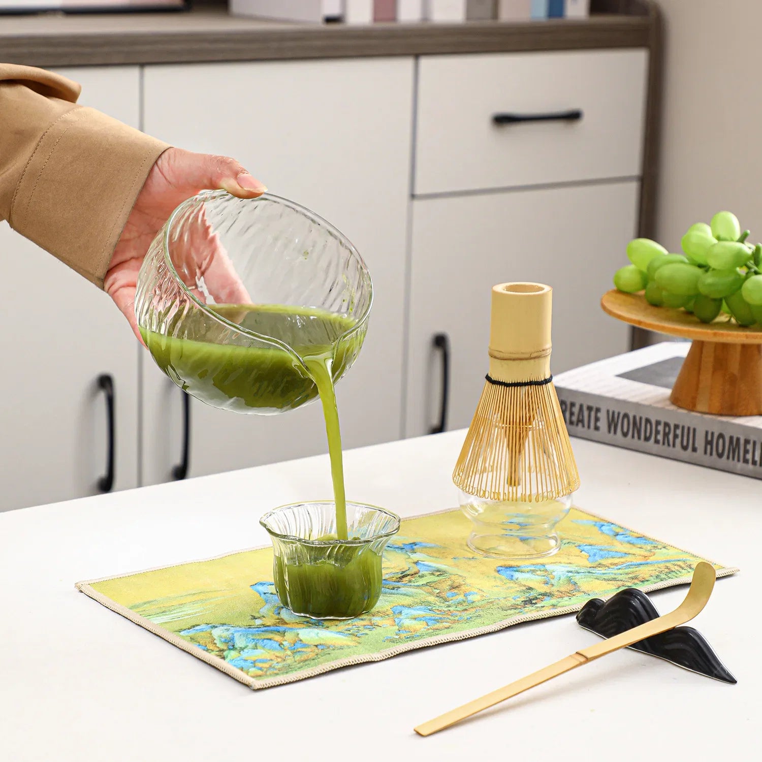 Perfecsy glass matcha whisk set with bamboo chasen and whisk holder on counter on Tampa Home & Garden Store