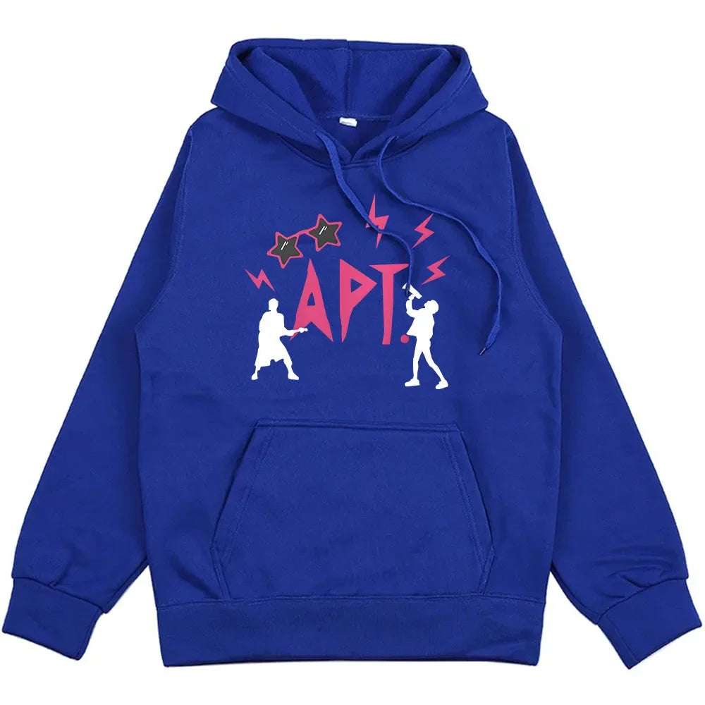 APT Rose & Bruno Mars Hoodie unisex streetwear graphic sweatshirt in royal blue with white silhouettes and pink APT lettering UpTrend Deals on Tampa Home & Garden Store