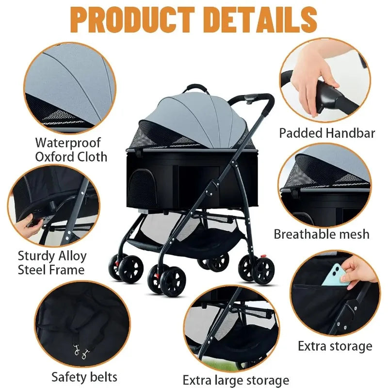 3-in-1 Pet Dog Stroller with removable carrier, gray Oxford cloth, Pet Zen on Tampa Home & Garden Store