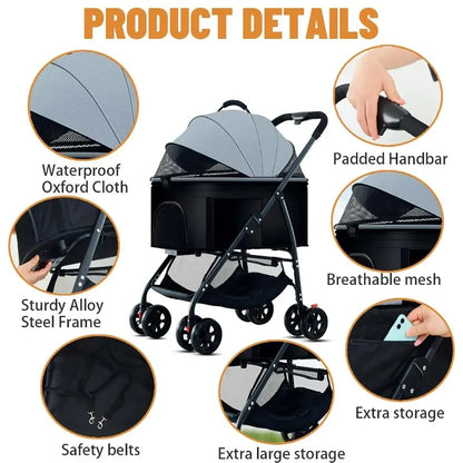 3-in-1 Pet Dog Stroller with removable carrier, gray Oxford cloth, Pet Zen on Tampa Home & Garden Store