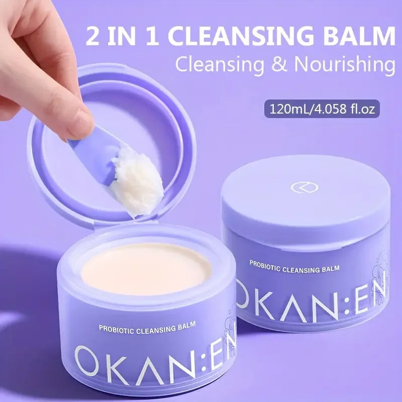 OKAN:EN probiotic cleansing balm jars, purple containers, 2-in-1 makeup remover for eye makeup on Tampa Home & Garden Store