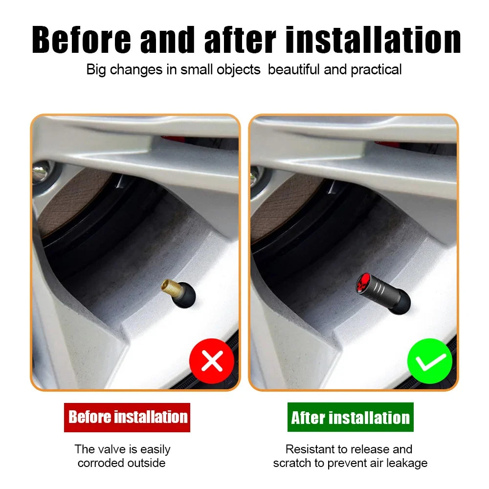 4Pcs BikerZoneZ valve stem caps, black with red interior, before and after installation on Tampa Home & Garden Store