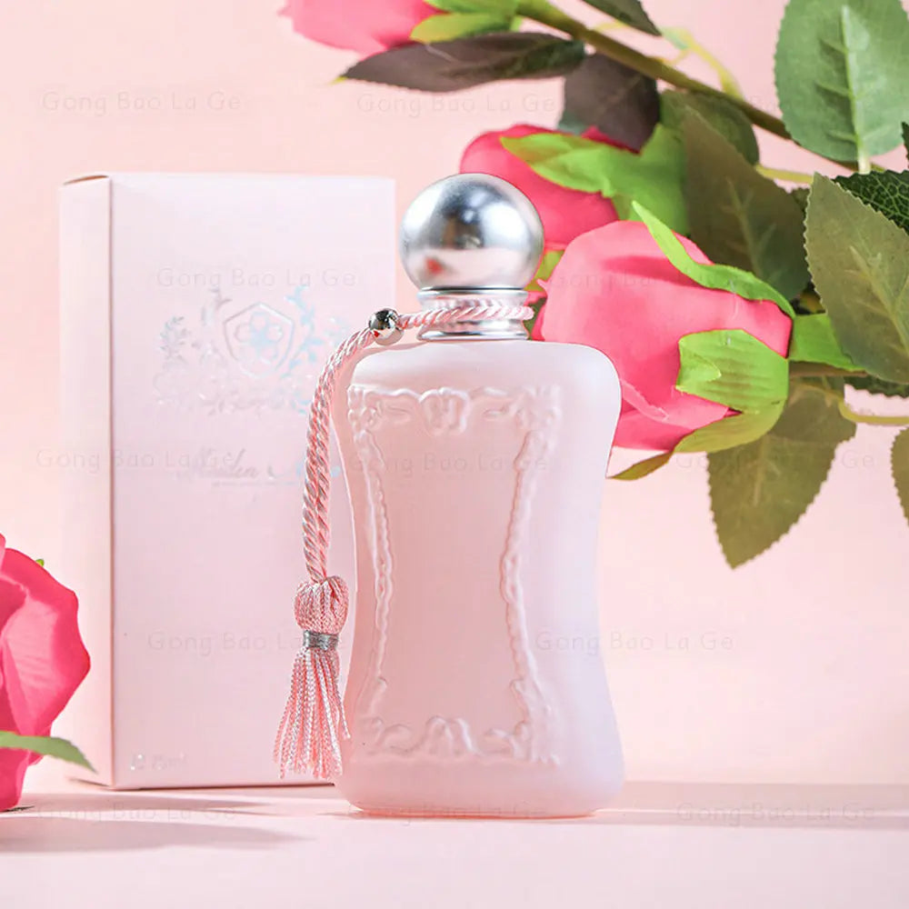 Pink frosted perfume bottle with embossed frame and silver cap, pink tassel by Silcy Skin on Tampa Home & Garden Store