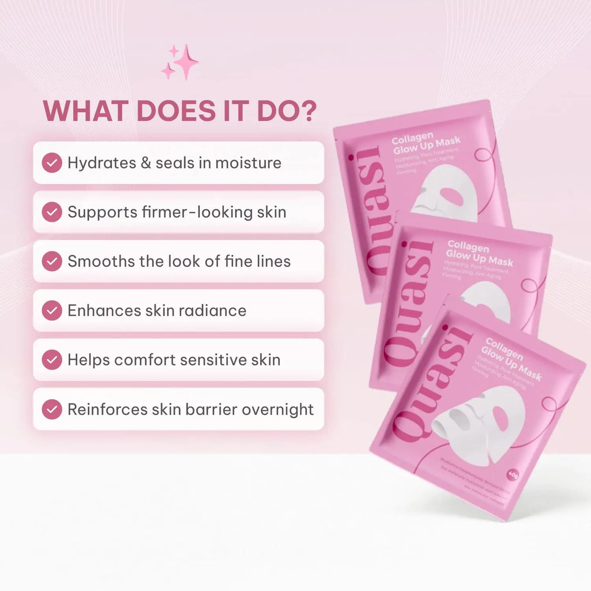 Collagen Glow Up Mask sachets in pink packaging, three packs fanned on a pink gradient background on Tampa Home & Garden Store
