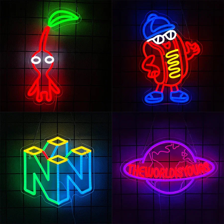 Perfecsy Game Led Neon Sign 4-piece USB wall art red pepper blue neon N purple World Is Yours on Tampa Home & Garden Store