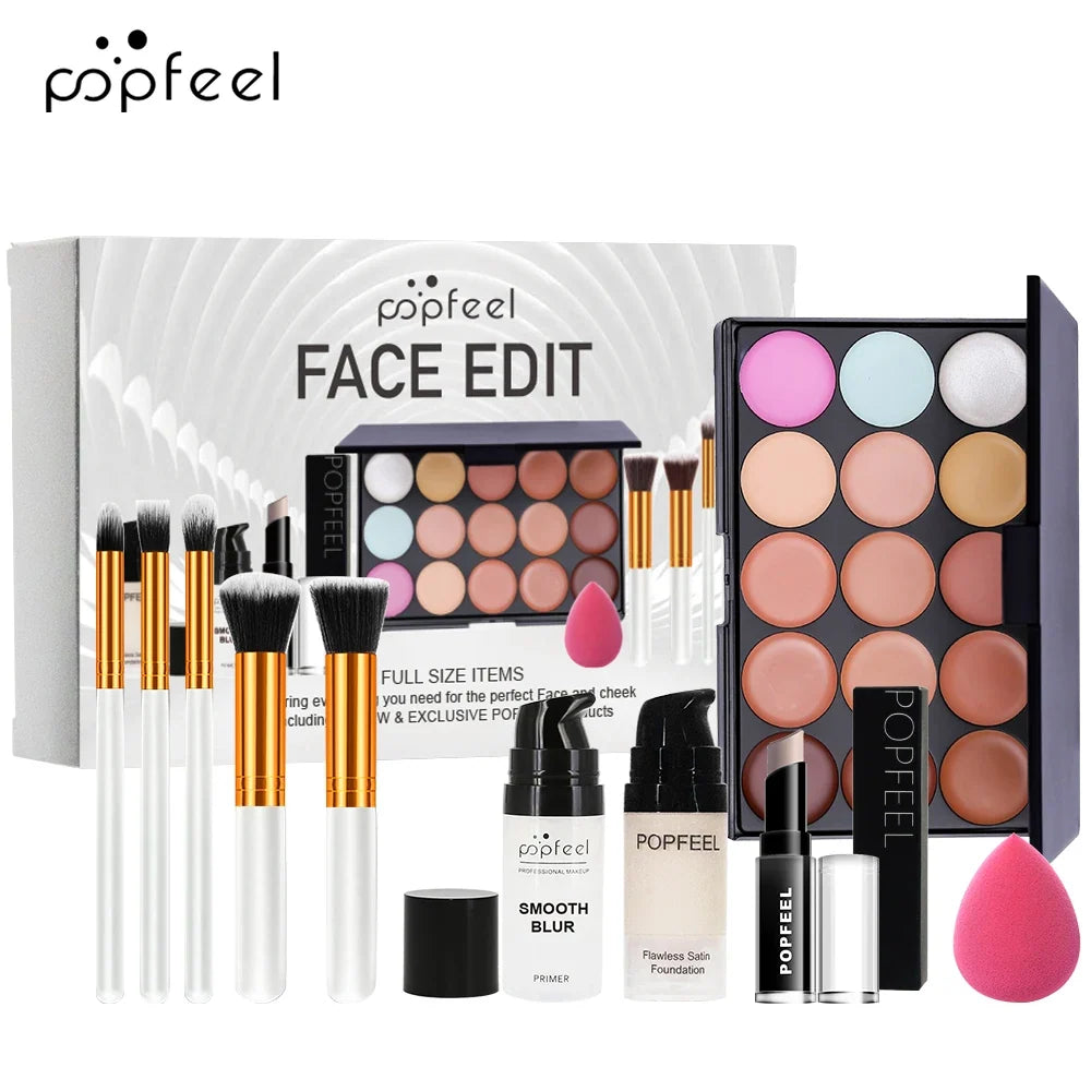 POPFEEL 10-Piece face makeup set by Silcy Skin with white-handled brushes and gold ferrules on Tampa Home & Garden Store