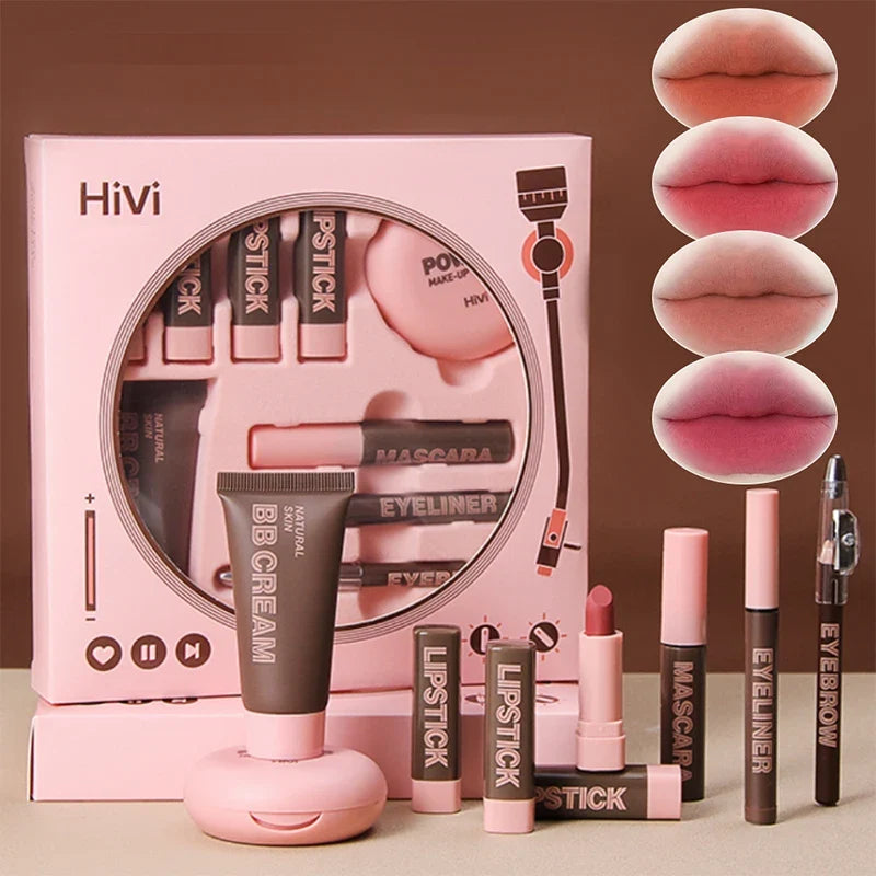 HiVi pink makeup set by Silcy Skin with 9 lipsticks, BB cream, brow pencil in a pink gift box on Tampa Home & Garden Store