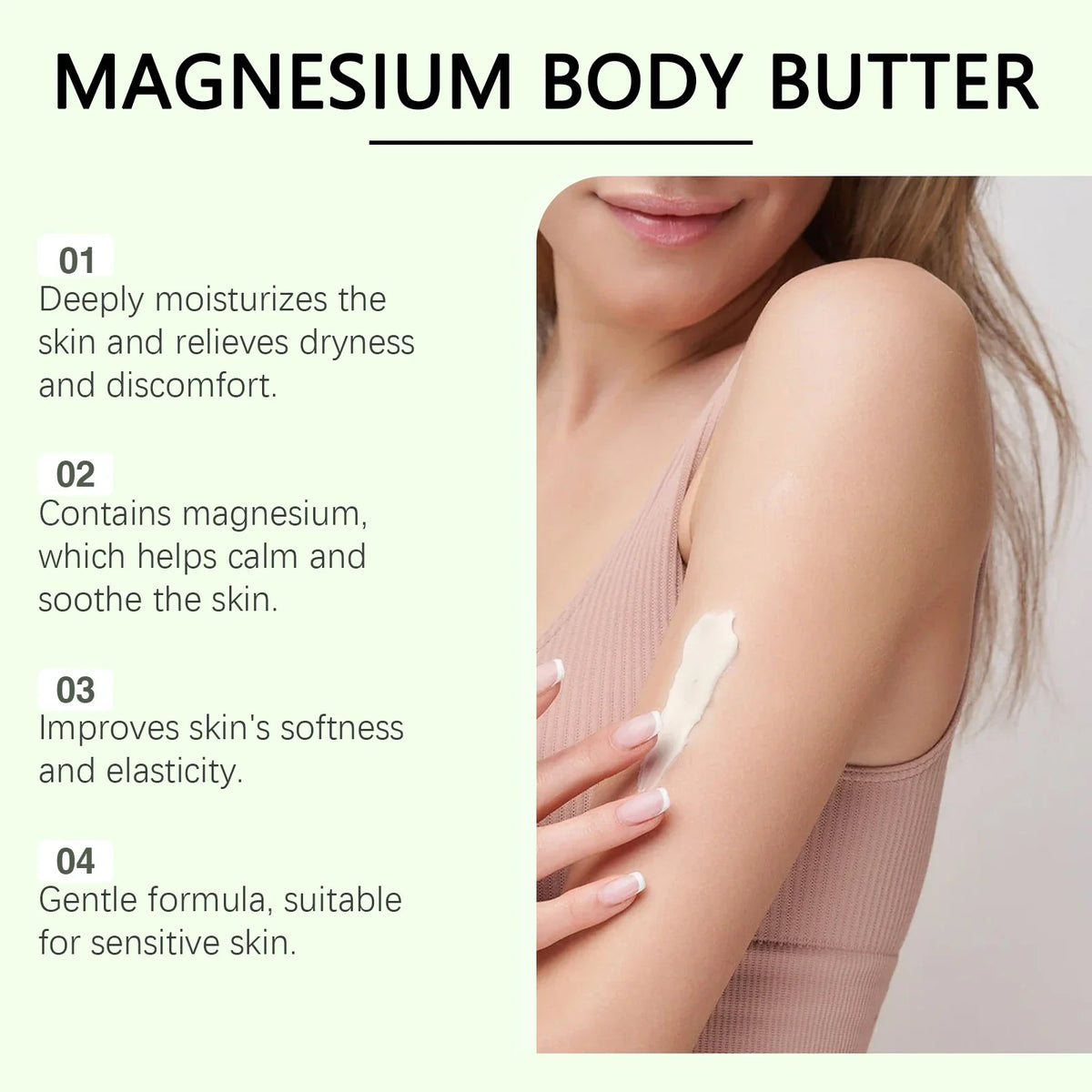 Silcy Skin Magnesium Body Butter, creamy white lotion on a model's shoulder on Tampa Home & Garden Store