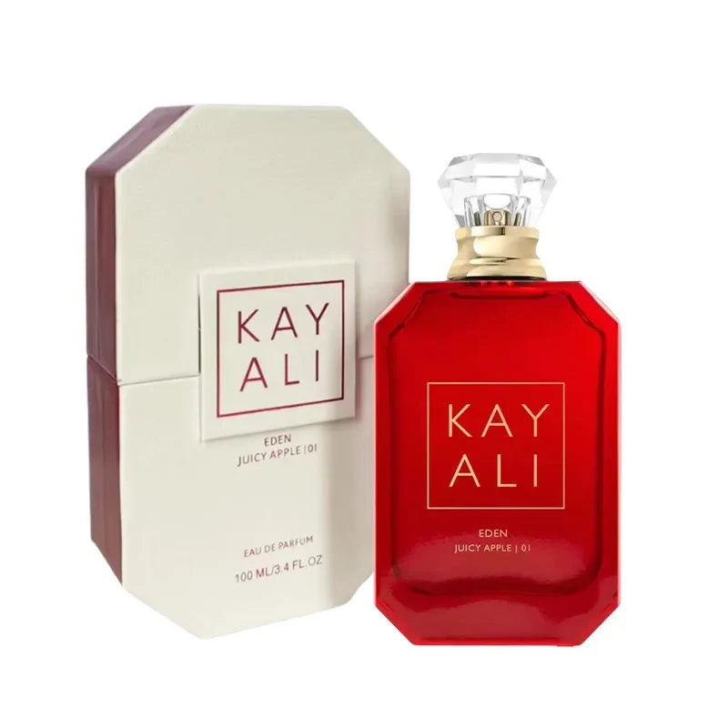 Kayali EDP Intense perfume bottle red glass with crystal cap beside white box on Tampa Home & Garden Store