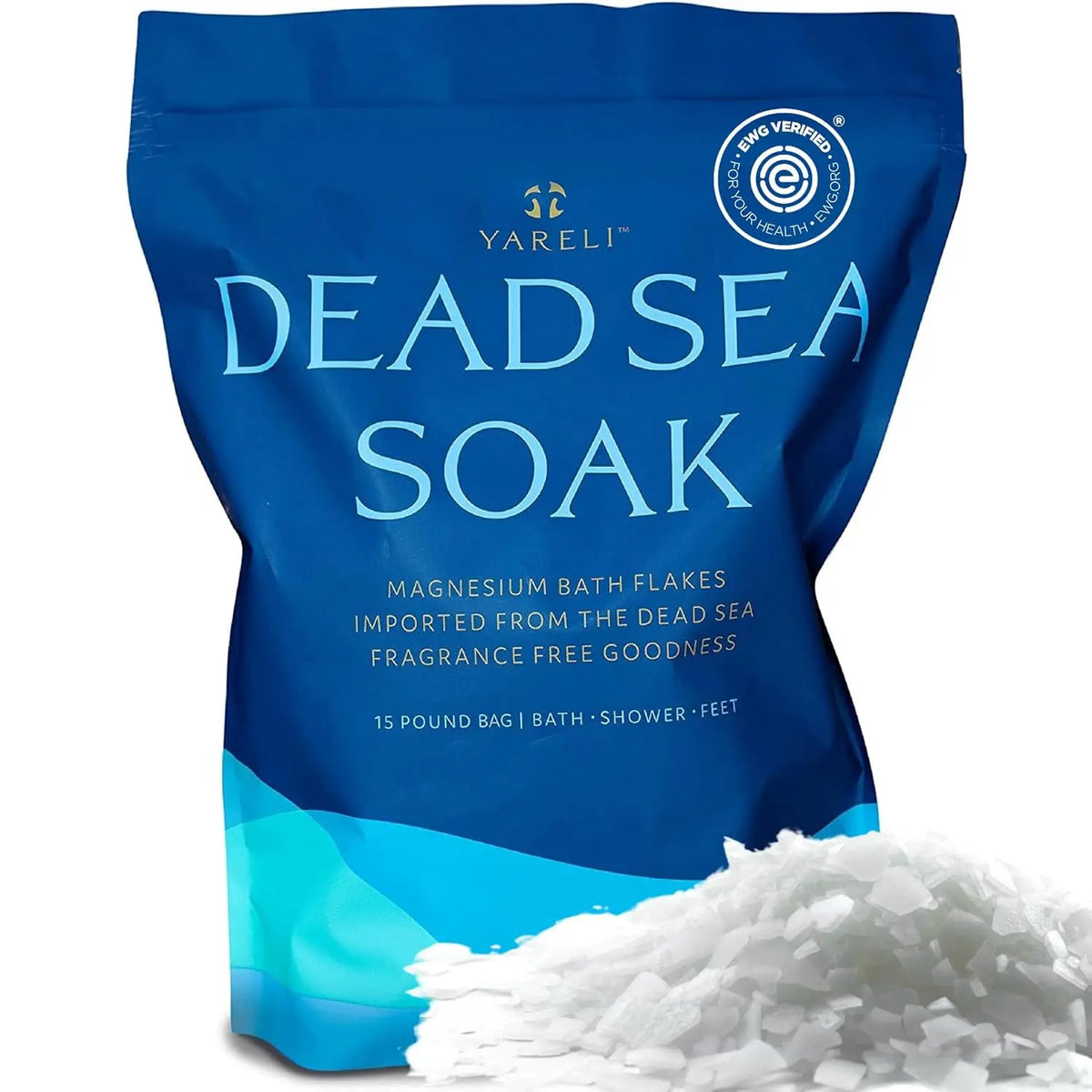 Dead Sea soak magnesium bath flakes in blue YARELI bag, 15 lb, with white bath flakes on Tampa Home & Garden Store