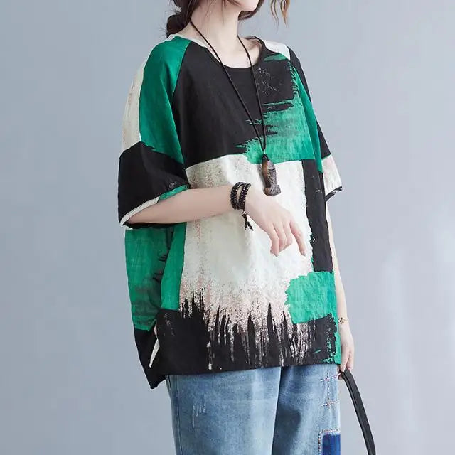 Women Summer T-shirt Retro Loose Cotton Linen Top green black print by UpTrend Deals on Tampa Home & Garden Store
