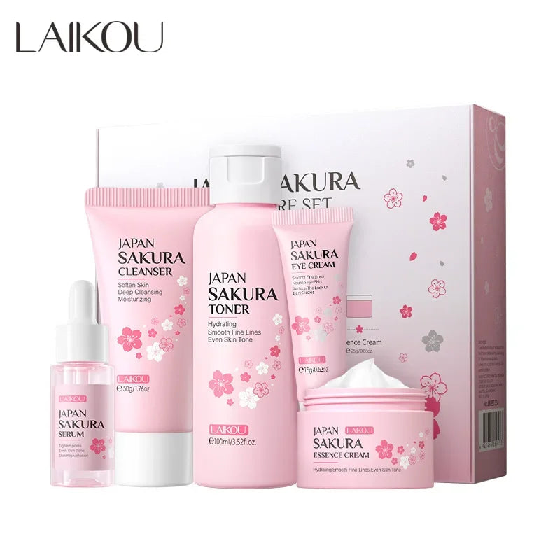 LAIKOU Sakura 5-piece skincare set in pink packaging with cleanser, toner, serum, eye cream on Tampa Home & Garden Store