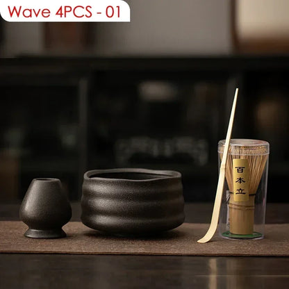 Perfecsy 4PCS Japanese Matcha DIY Tea Tools set with black ceramic bowl and bamboo whisk on Tampa Home & Garden Store