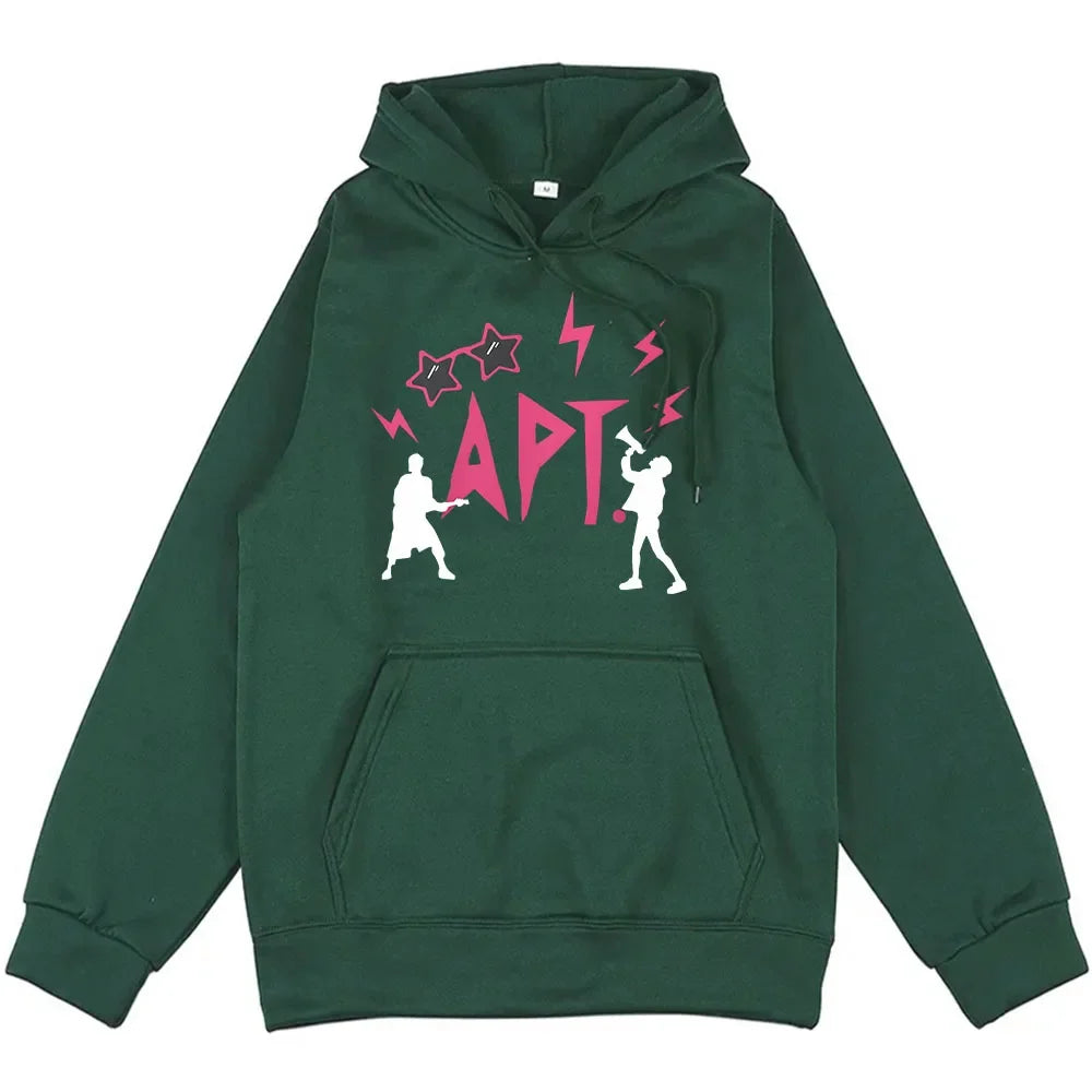 APT Rose & Bruno Mars Hoodie Unisex Streetwear Graphic Sweatshirt, green with pink APT logo on Tampa Home & Garden Store