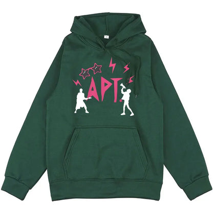 APT Rose & Bruno Mars Hoodie Unisex Streetwear Graphic Sweatshirt, green with pink APT logo on Tampa Home & Garden Store