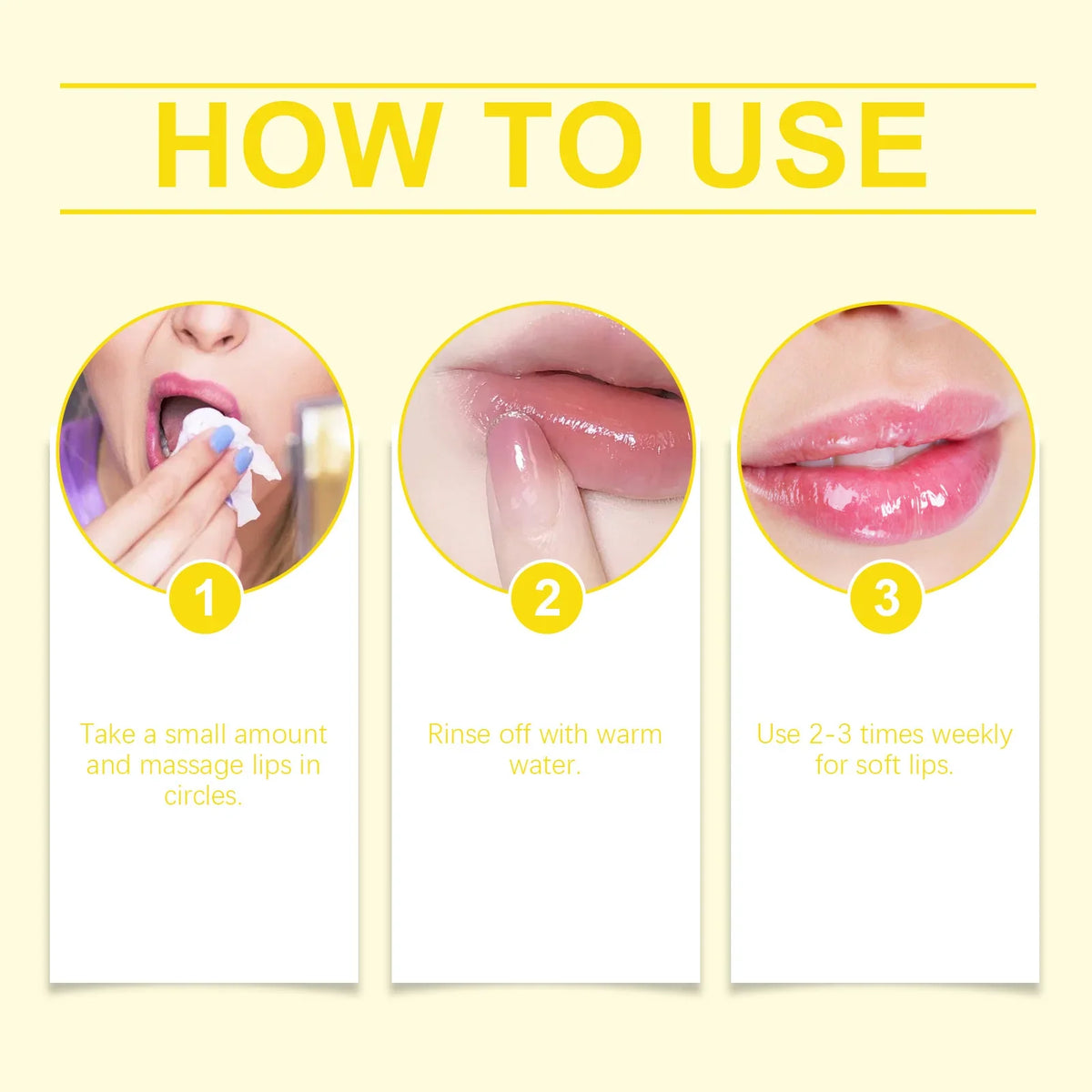 Coconut Oil Lip Scrub Balm how-to guide with three yellow circular steps on Tampa Home & Garden Store