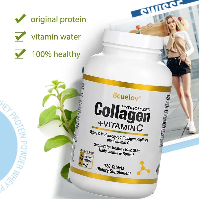 Hydrolyzed Collagen Peptides + Vitamin C bottle by Silcy Skin, white label with gold band on Tampa Home & Garden Store