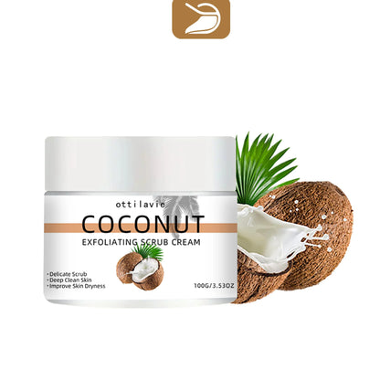 ottilavie Coconut Exfoliating Scrub Cream Silcy Skin with coconut imagery and palm leaves on Tampa Home & Garden Store