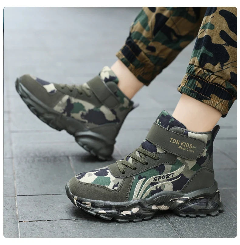 Kids Winter Snow Boots pair camouflage olive, high-top with laces and Velcro, rugged sole UpTrend on Tampa Home & Garden Store