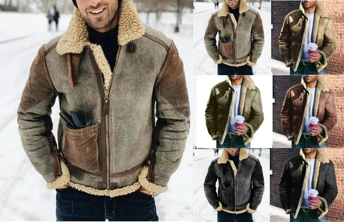 Mens Winter Biker Jacket with stand collar and shearling trim, zipper front, 7 colors on Tampa Home & Garden Store