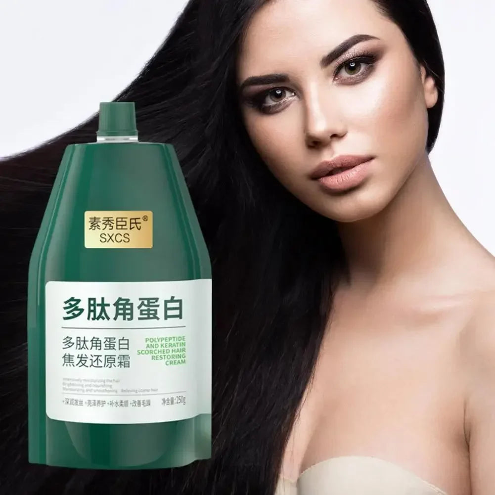 Polypeptide keratin deep conditioner bottle 250g, green with label beside black hair model on Tampa Home & Garden Store