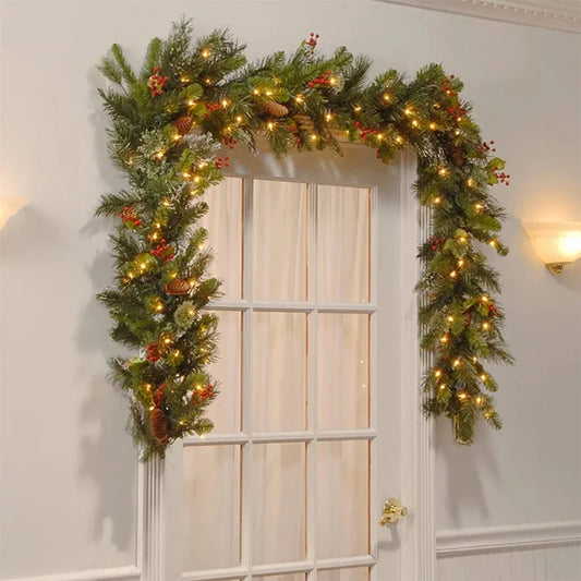 Perfecsy Christmas Garland 1.8/2.7M green evergreen with red berries and warm LED lights on Tampa Home & Garden Store