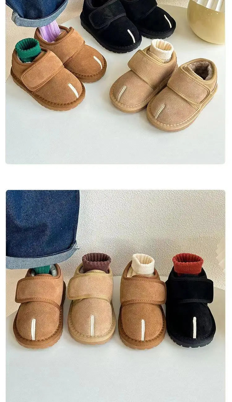 Kids Winter Snow Boots faux suede with plush lining in tan beige and black, 4 pairs on display on Tampa Home & Garden Store
Kids Winter Snow Boots lineup tan beige tan and black with colorful socks, 4 pairs on display on Tampa Home & Garden Store