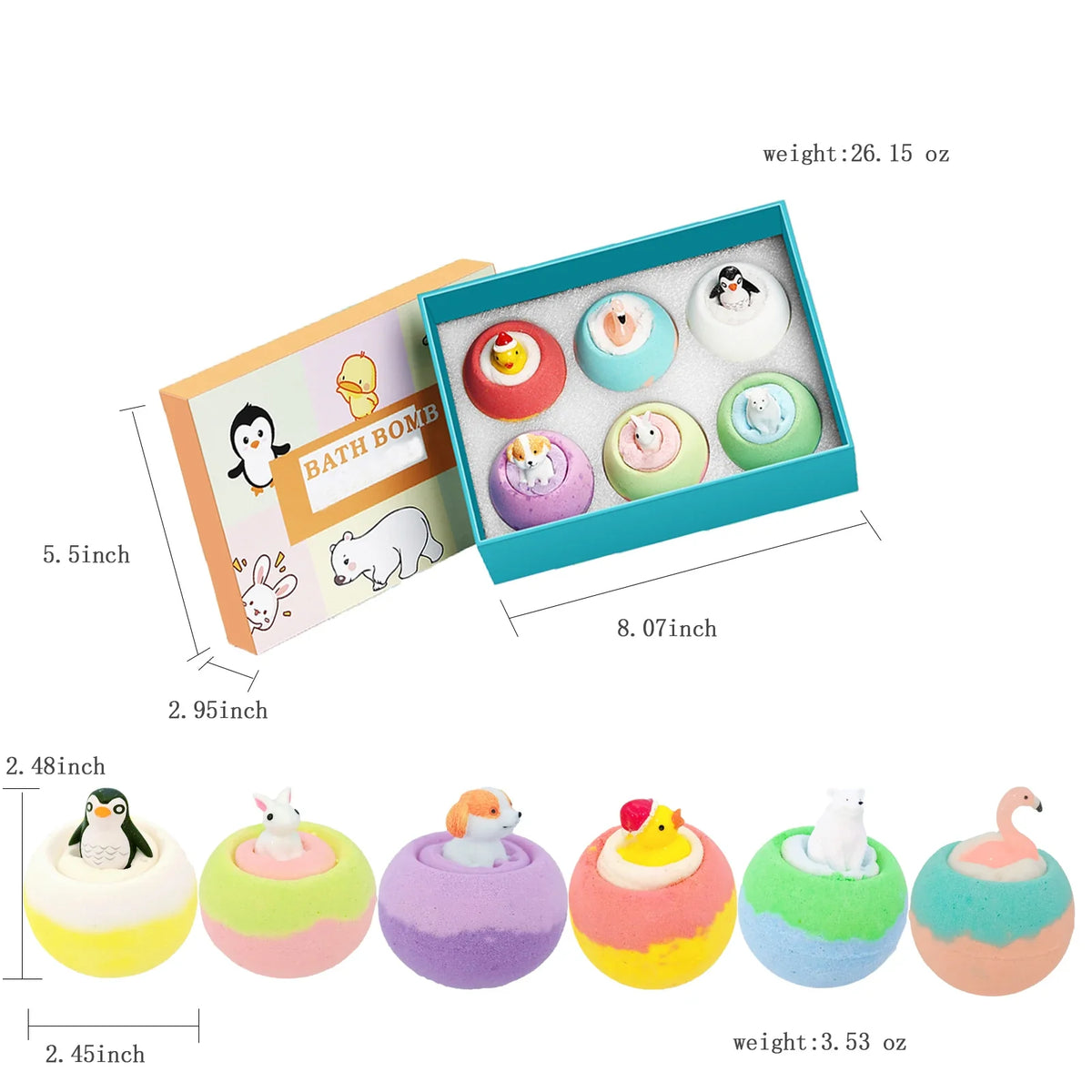 Silcy Skin kids bath bombs set with surprise toy; colorful bombs with animal toppers in teal box on Tampa Home & Garden Store
