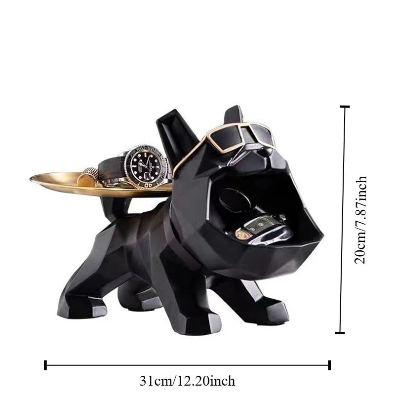 Perfecsy resin bulldog statue with black finish and gold tray for keys and jewelry decor on Tampa Home & Garden Store