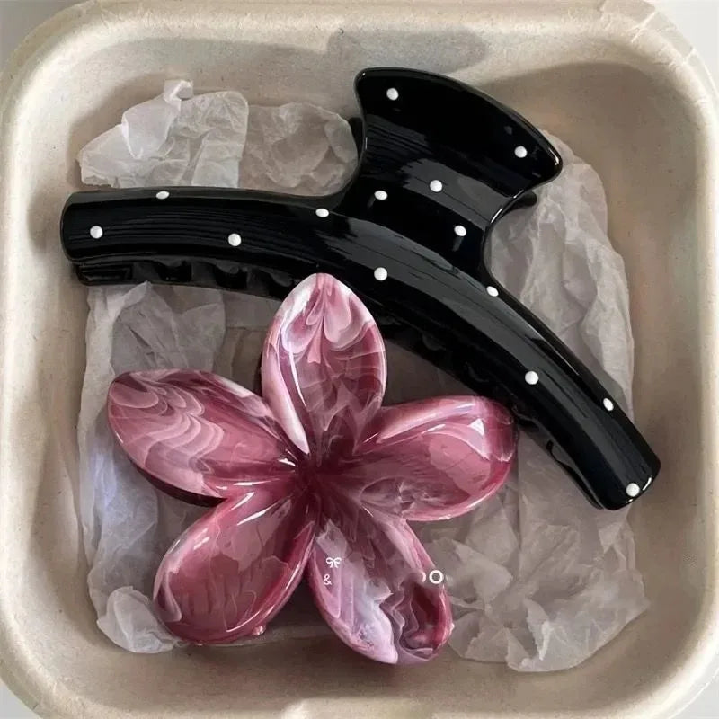 2pc set: black shark-claw hair clip with white polka dots and pink marbled flower hairpin on Tampa Home & Garden Store