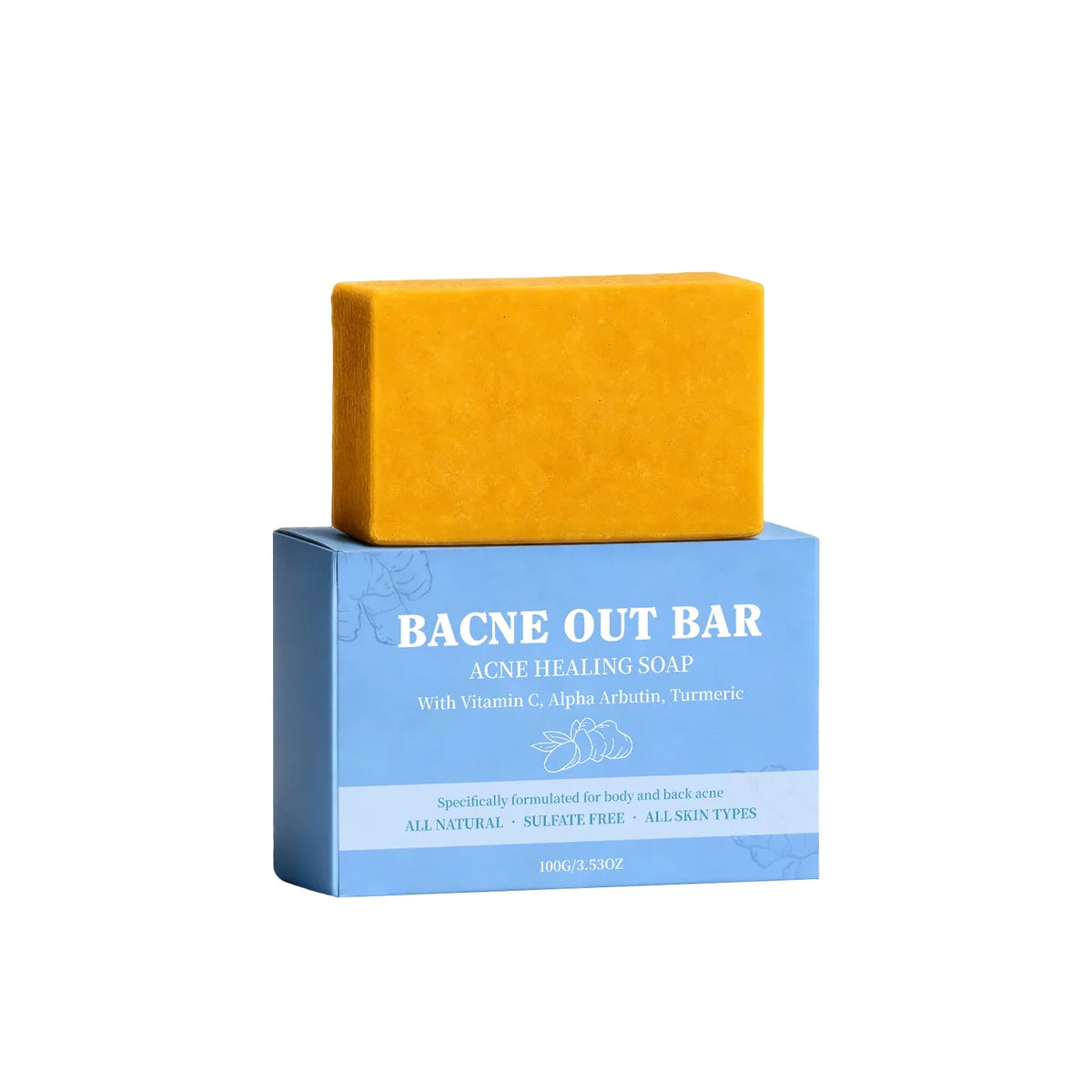 Bacne Out Bar acne healing soap yellow bar on blue packaging by Silcy Skin on Tampa Home & Garden Store