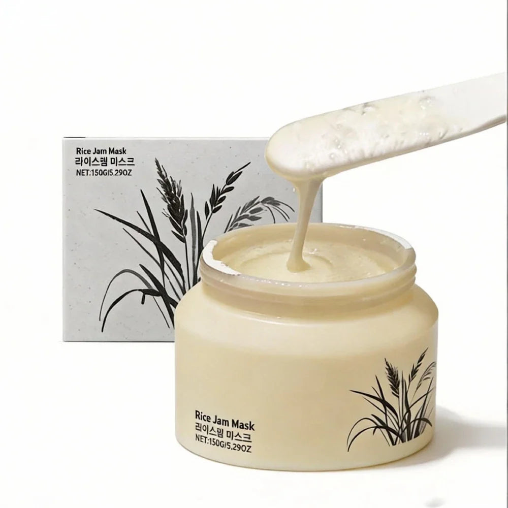 Rice Jam Mask by Silcy Skin, creamy beige jar with rice plant illustration on Tampa Home & Garden Store