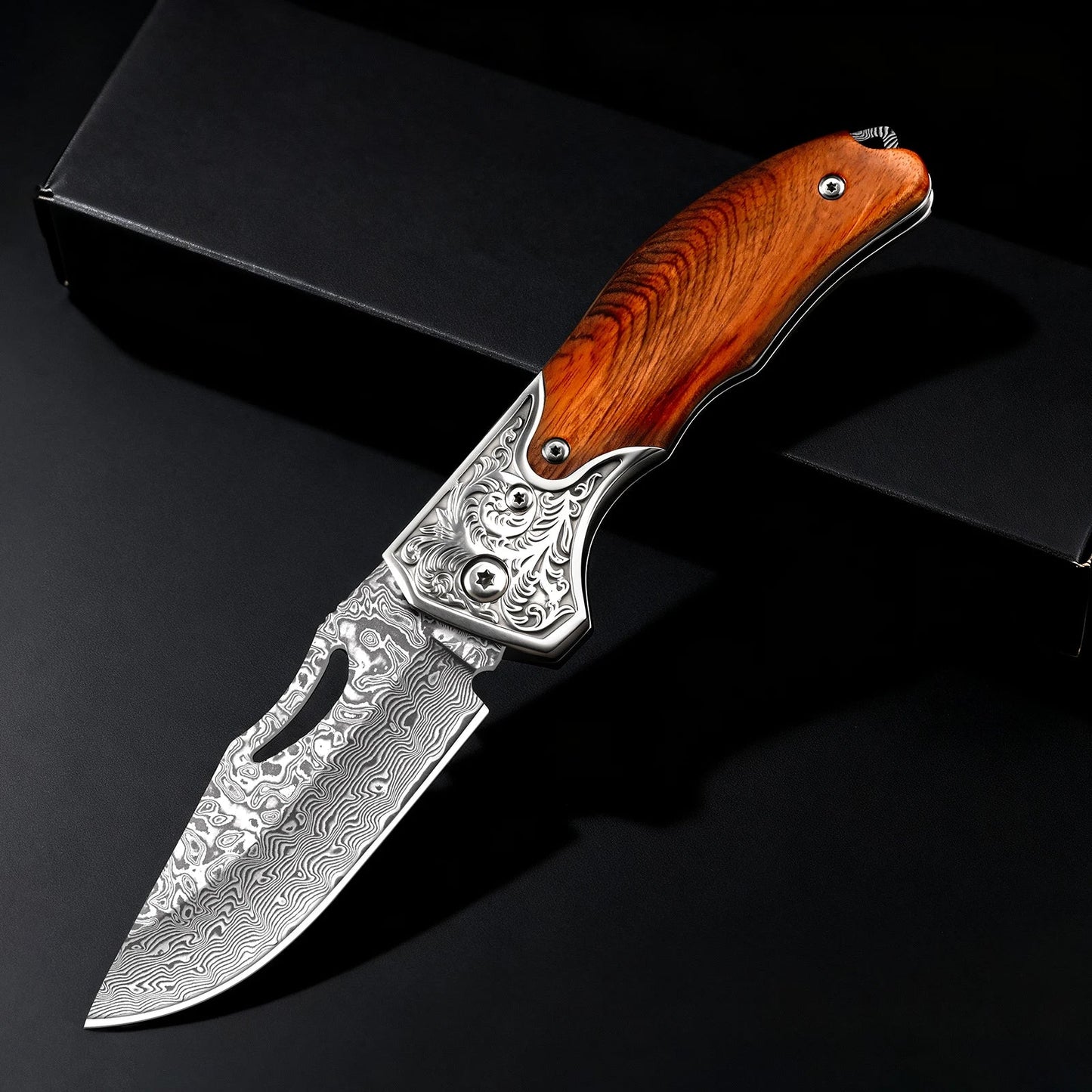 67 Layer Damascus Folding Knife with Wood Handle